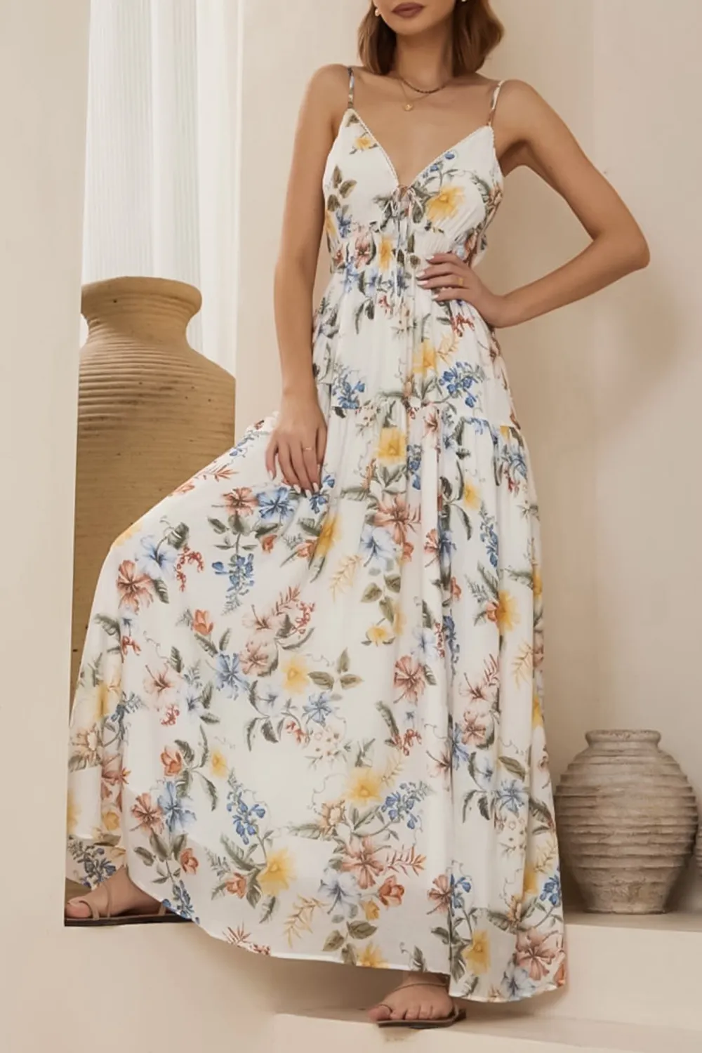 White Floral Print Tiered Maxi Dress