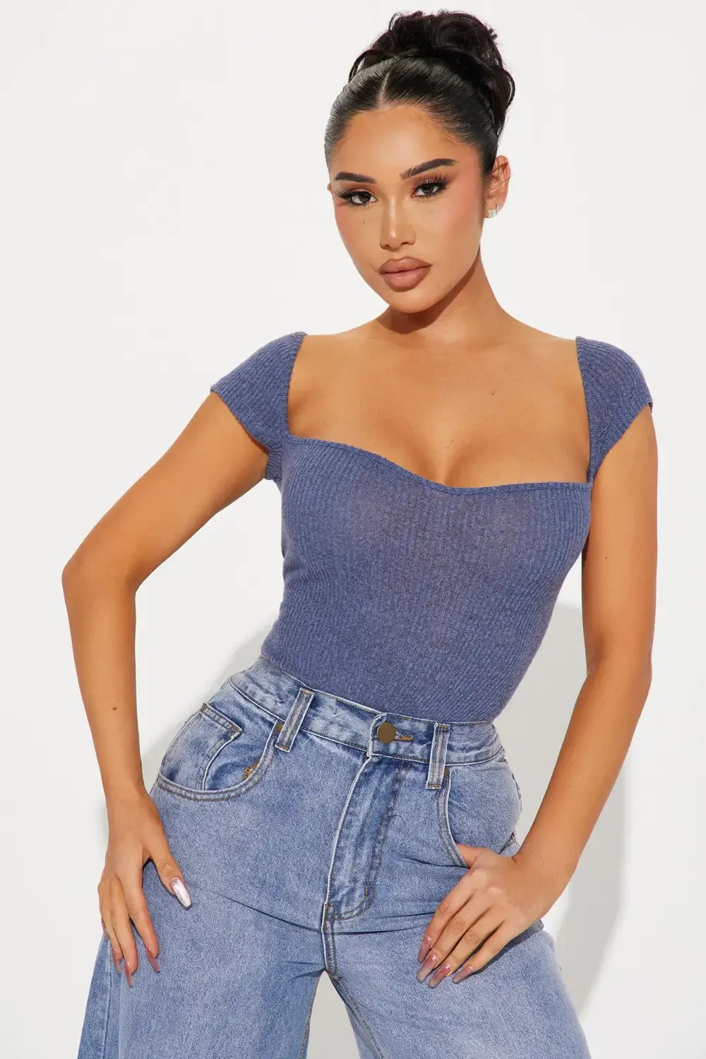 Call You Back Short Sleeve Bodysuit - Denim