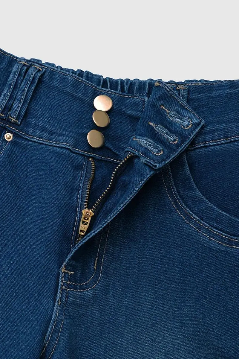 Wash Button Up Elastic High Waist Denim Bermuda Shorts