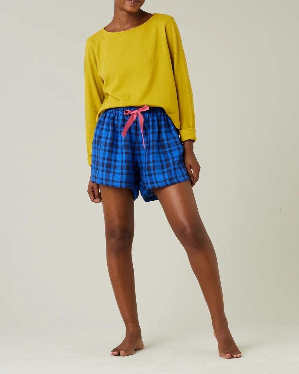 BED SHORTS INDIGO CHECK LINEN