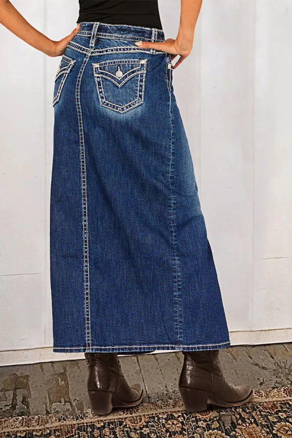 Split Stitch Detail Wash Mid Waist Midi Denim Skirt