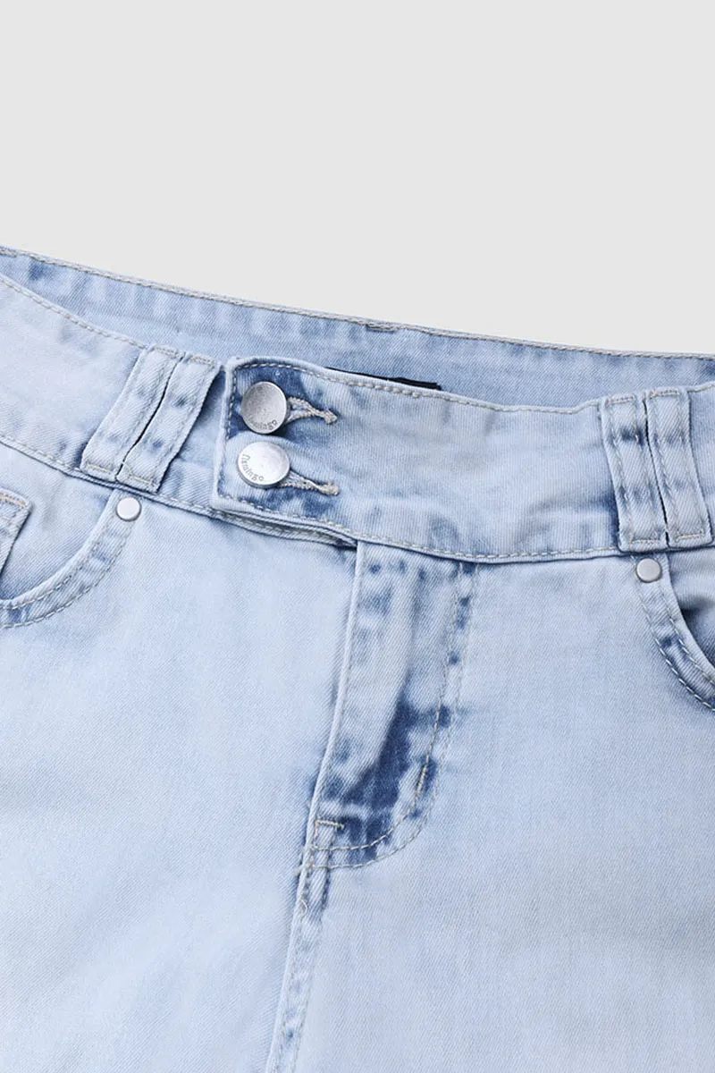 Double Button Ripped Roll Hem Mid Waist Capri Jeans
