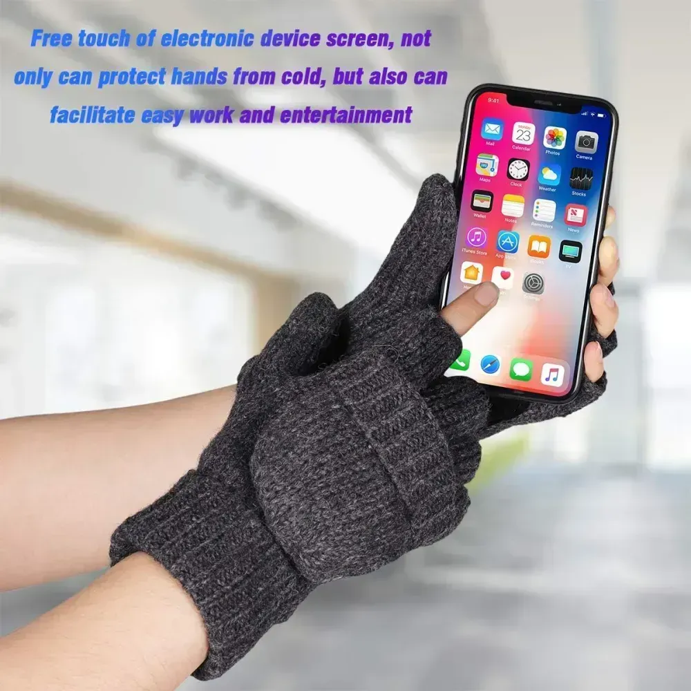 Bodvera Thermal Insulation Fingerless Texting Wool Gloves for Women and Men Winter Warm Knitted Convertible Mittens Flap