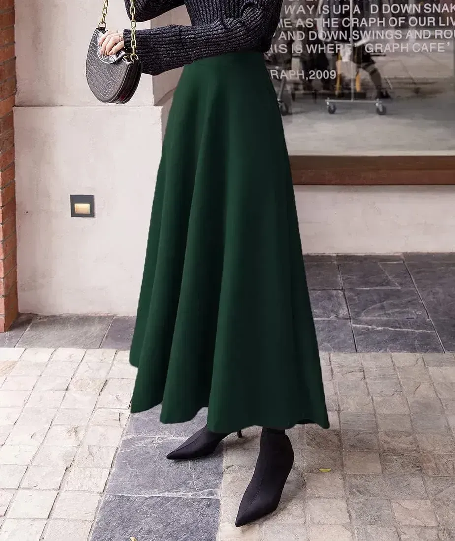 Women's Winter Elegant Warm Long Skirt Wool Maxi Skirts Elastic Waist A-Line High Waist Plaid Pleated Skirt S-3XL