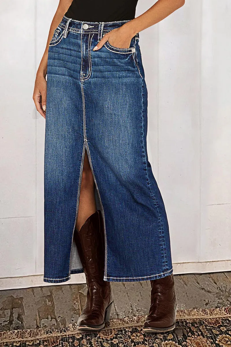 Split Stitch Detail Wash Mid Waist Midi Denim Skirt