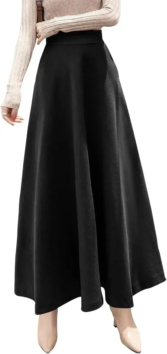 Women's Winter Elegant Warm Long Skirt Wool Maxi Skirts Elastic Waist A-Line High Waist Plaid Pleated Skirt S-3XL