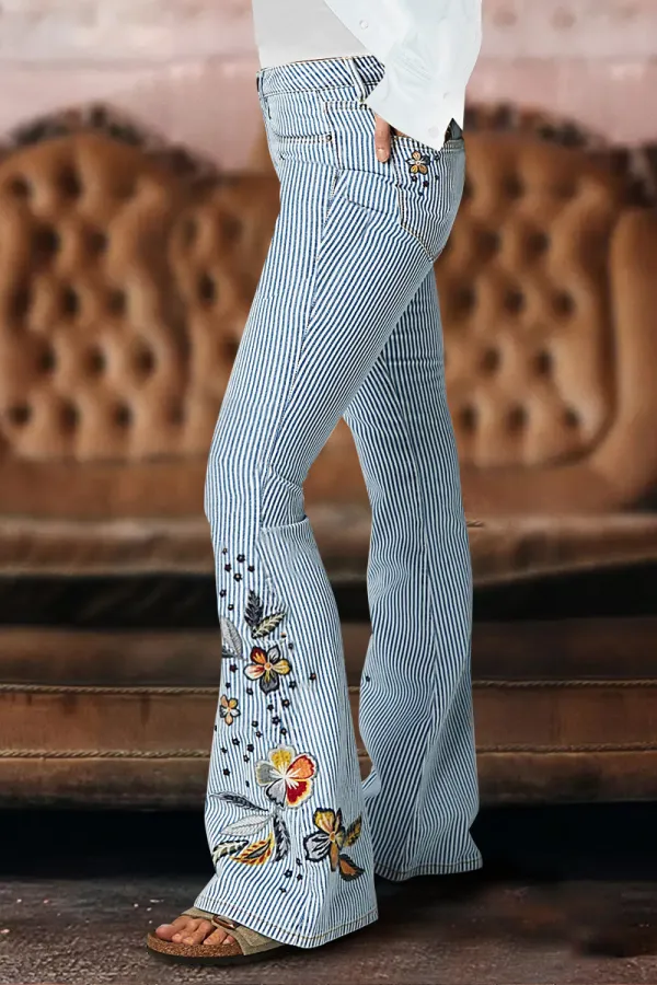 Striped Pattern Embroidered Low Waist Bootcut Jeans