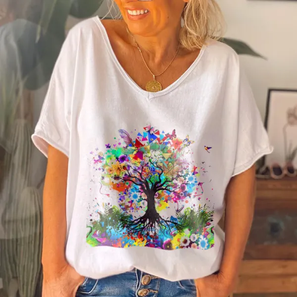 Oversize Beautiful Multi-color Tree Printed Women T-shirt