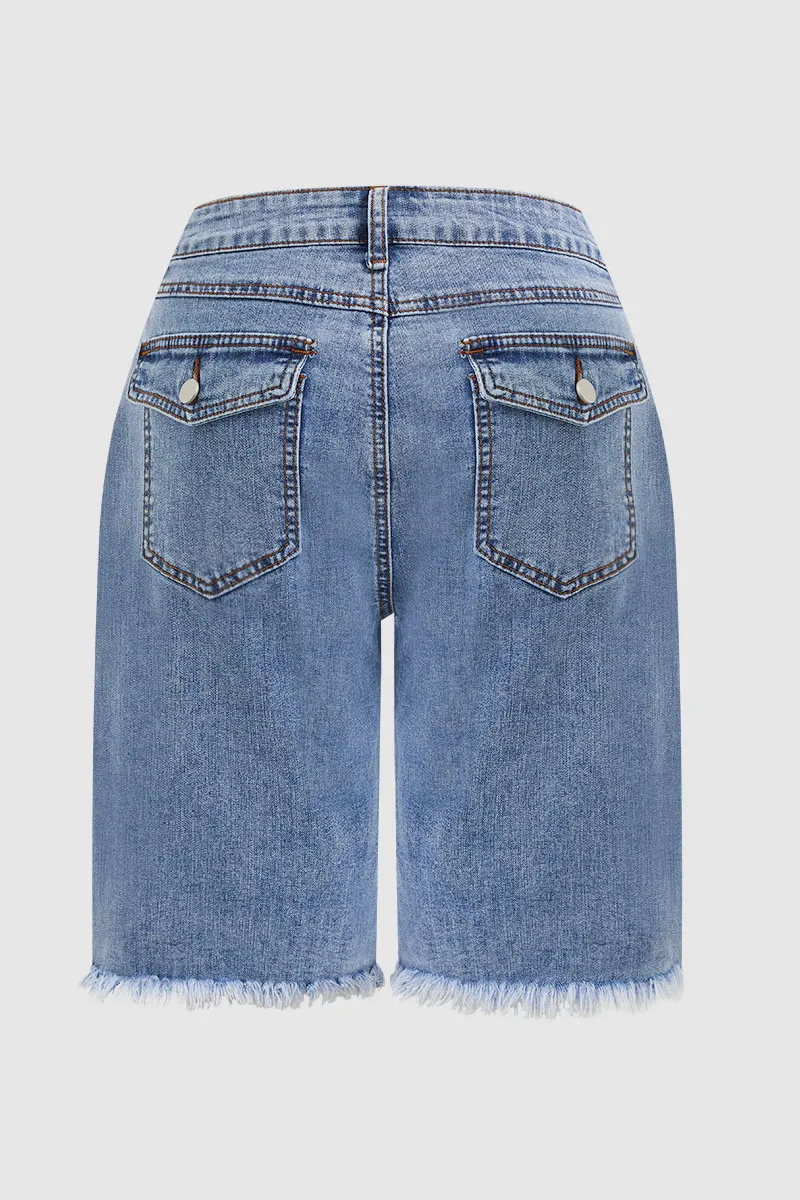 Wash Raw Hem Flap Pocket Mid Rise Straight Leg Denim Bermuda Shorts