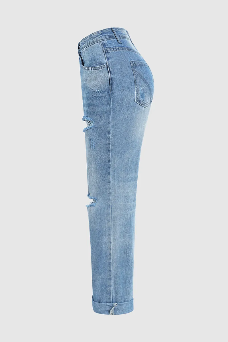 Wash Ripped Button Fly Low Waist Straight Leg Jeans