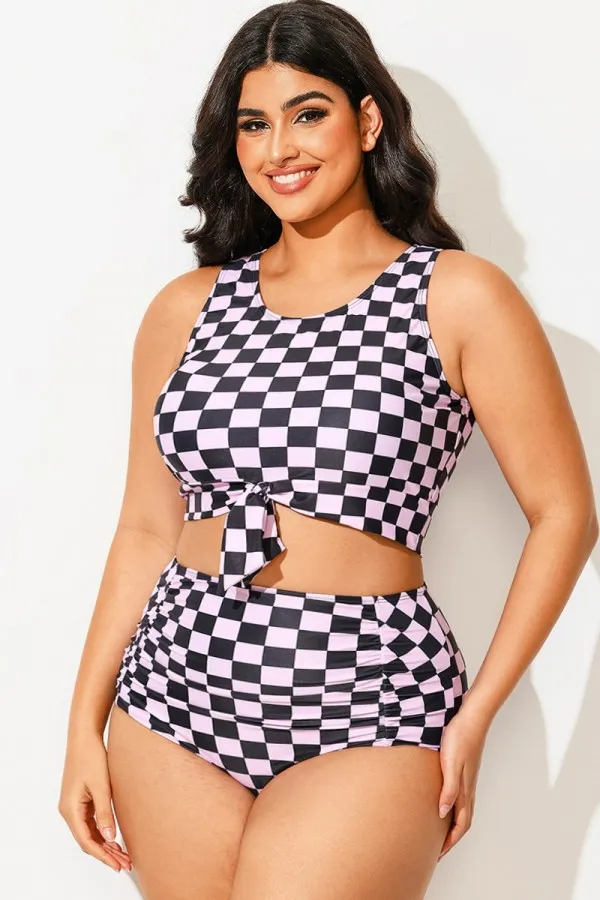 Black & Pink Check Knotted Crop Bikini Top