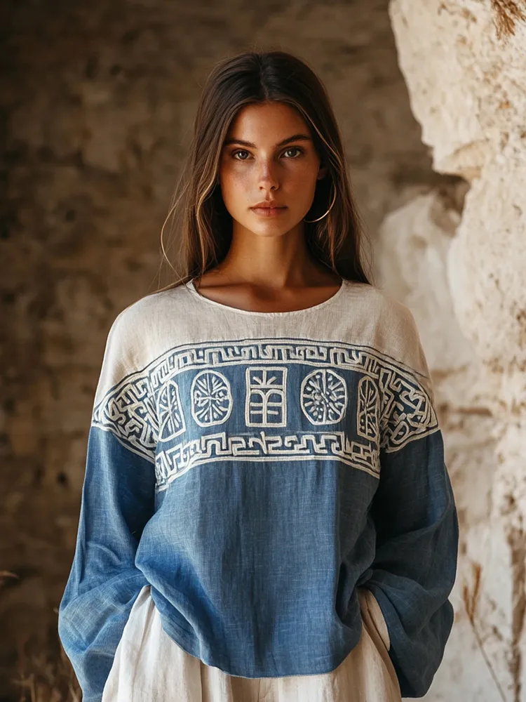 Vintage Greek Key Art Embroidered Linen Blend T-shirt