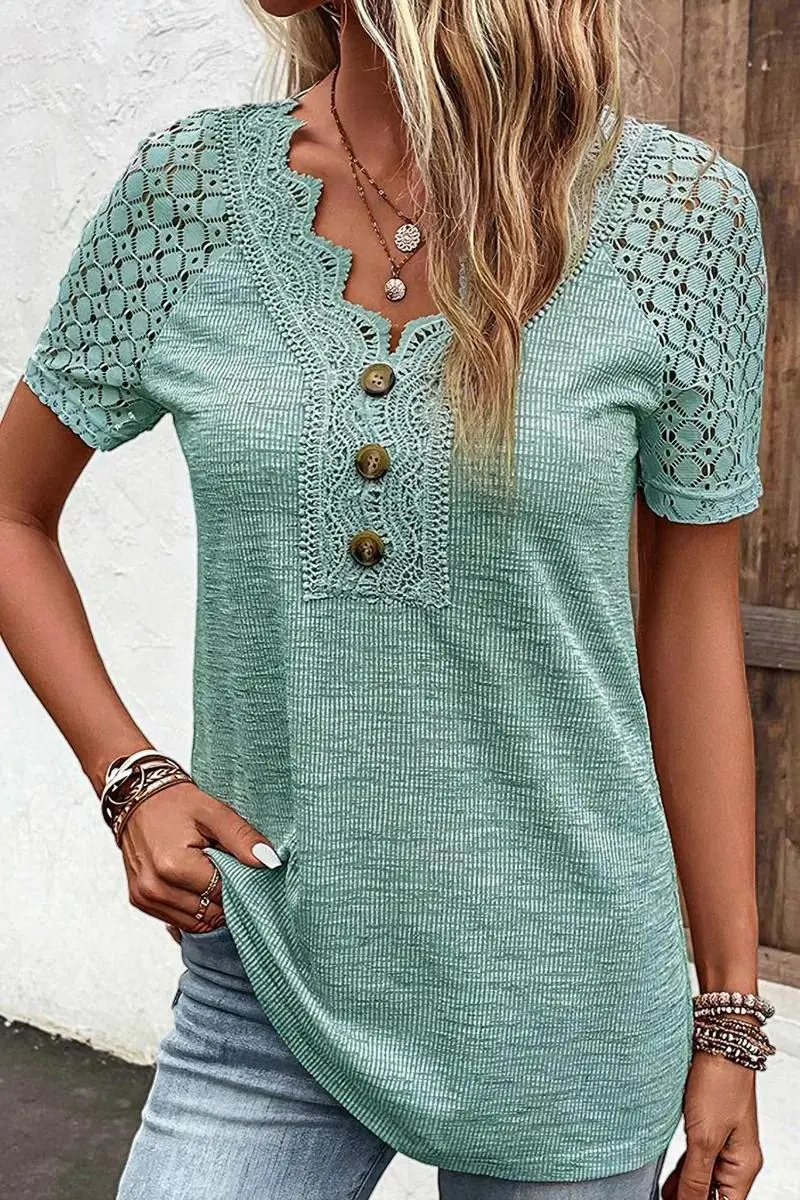 Rib-Knit Contrast Lace Button Detail Short Sleeve T-Shirt