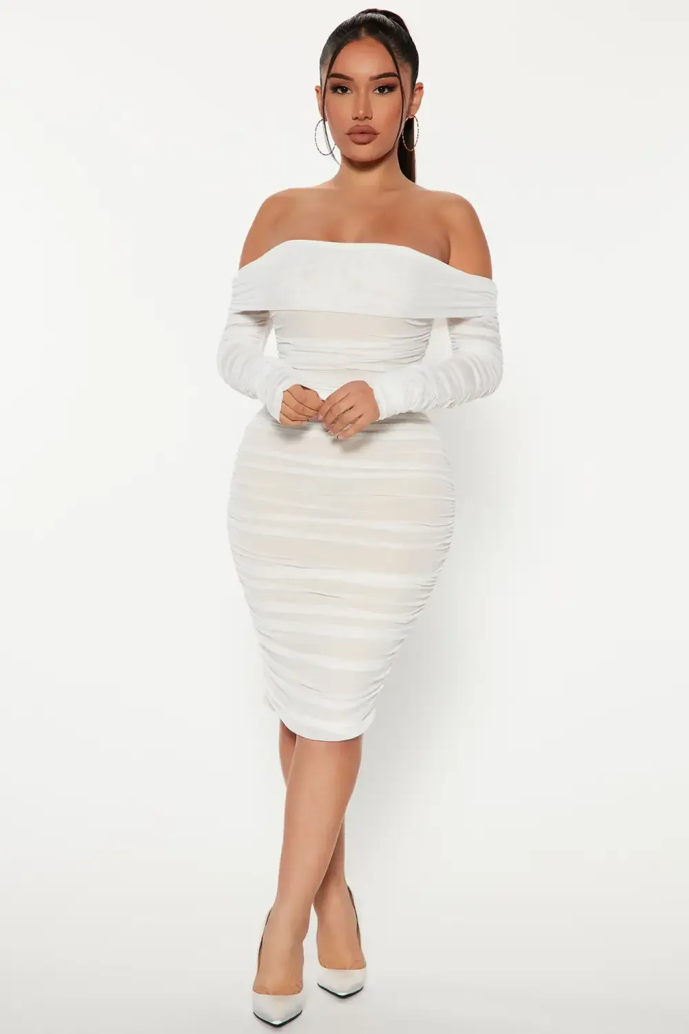 Ready In A Ruched Off Shoulder Midi Dress - White