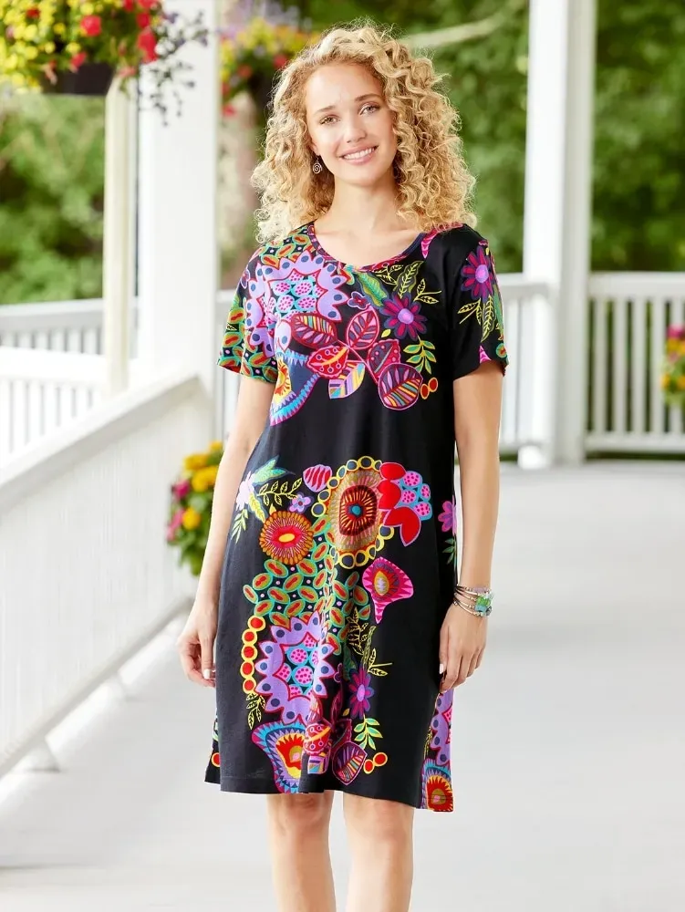 Bright Print Cotton Jersey Knit Tunic Dress