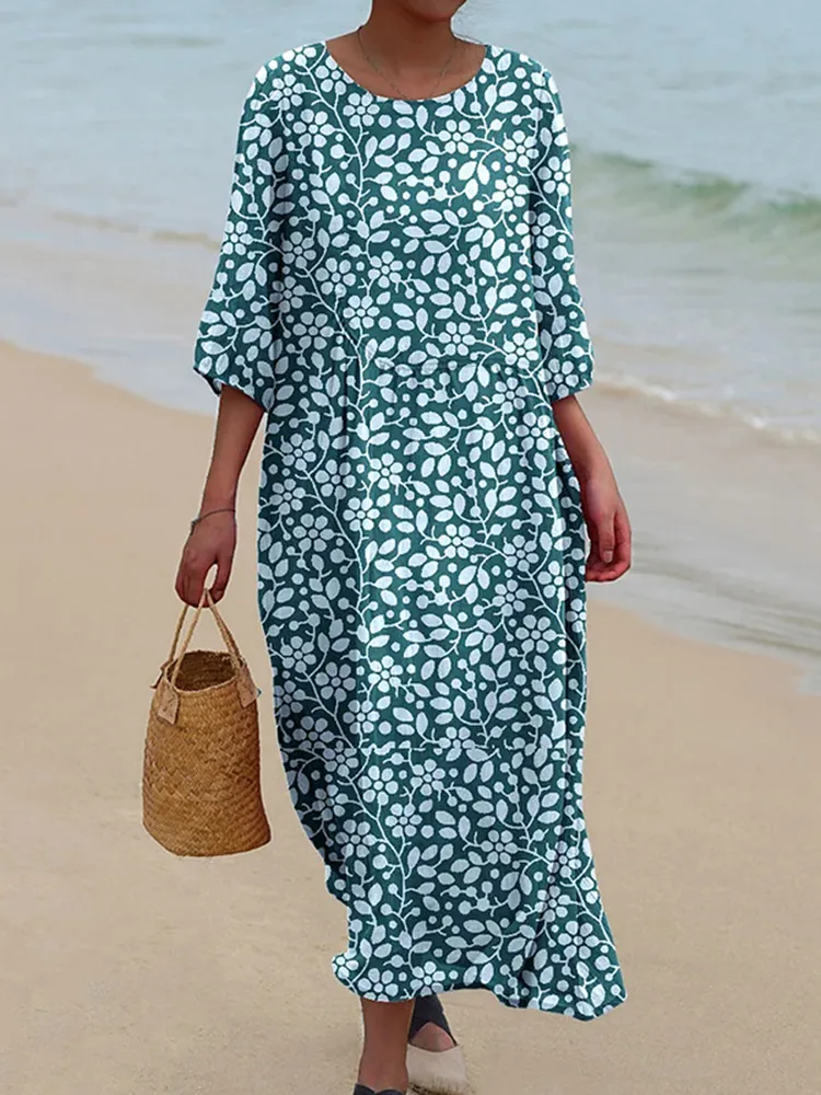 Women's Floral Print Round Neck Linen Blend Loose Midi Dress