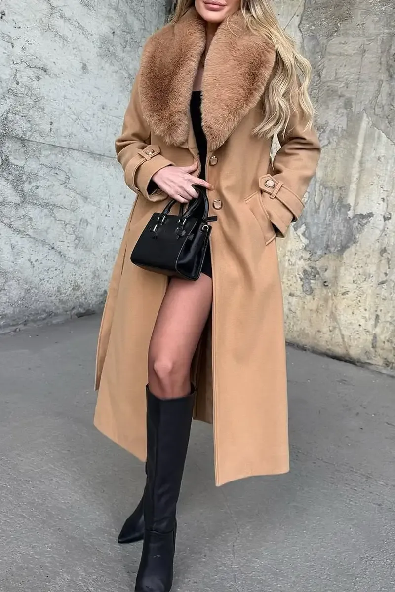 Women's Fashion Warm Fur Lapel Long Woolen Coat