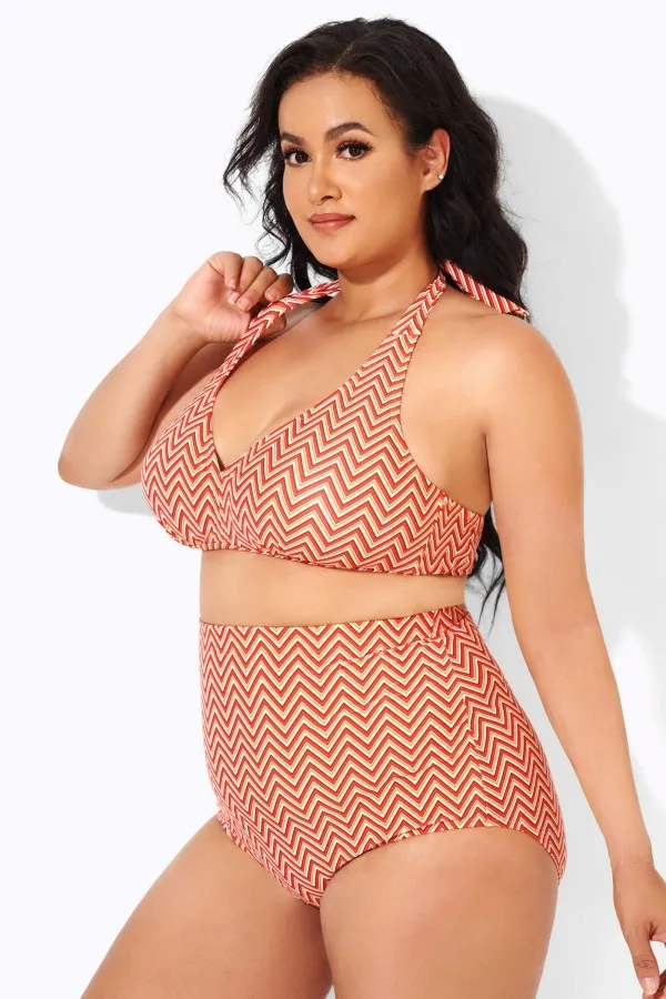 Wave Pattern Halter High Waist Bikini Top
