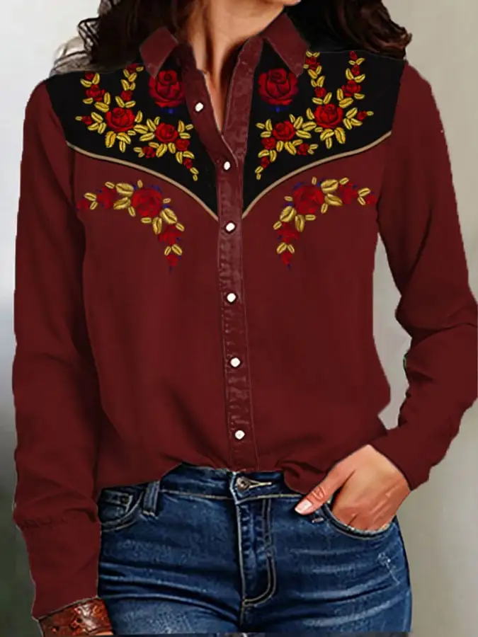 Women's Vintage Western Print Long Sleeve Shirt