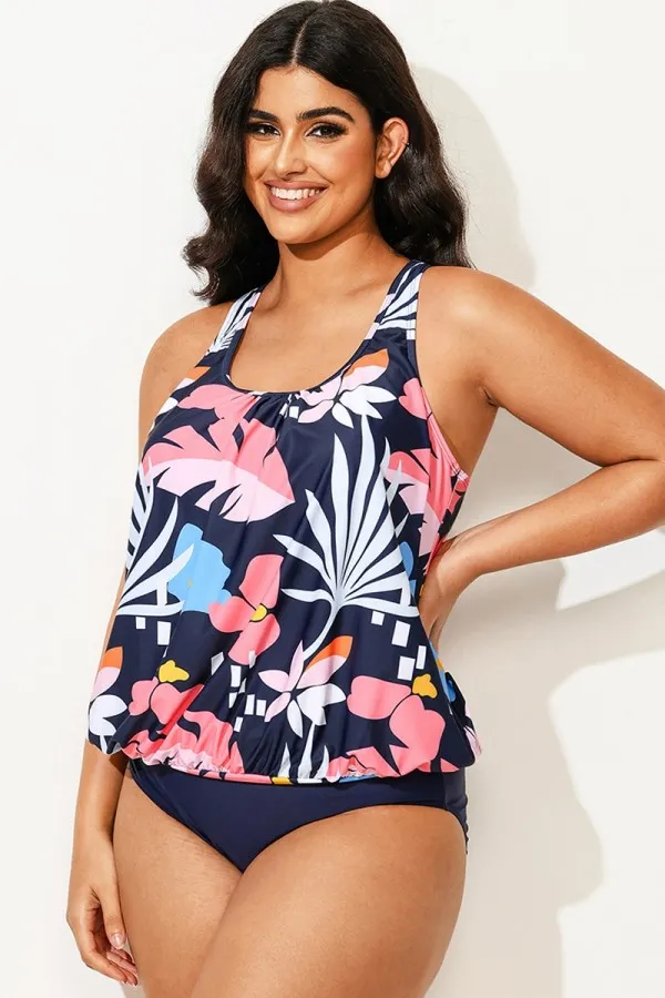 Floral Print Tummy Control Blouson Tankini Top