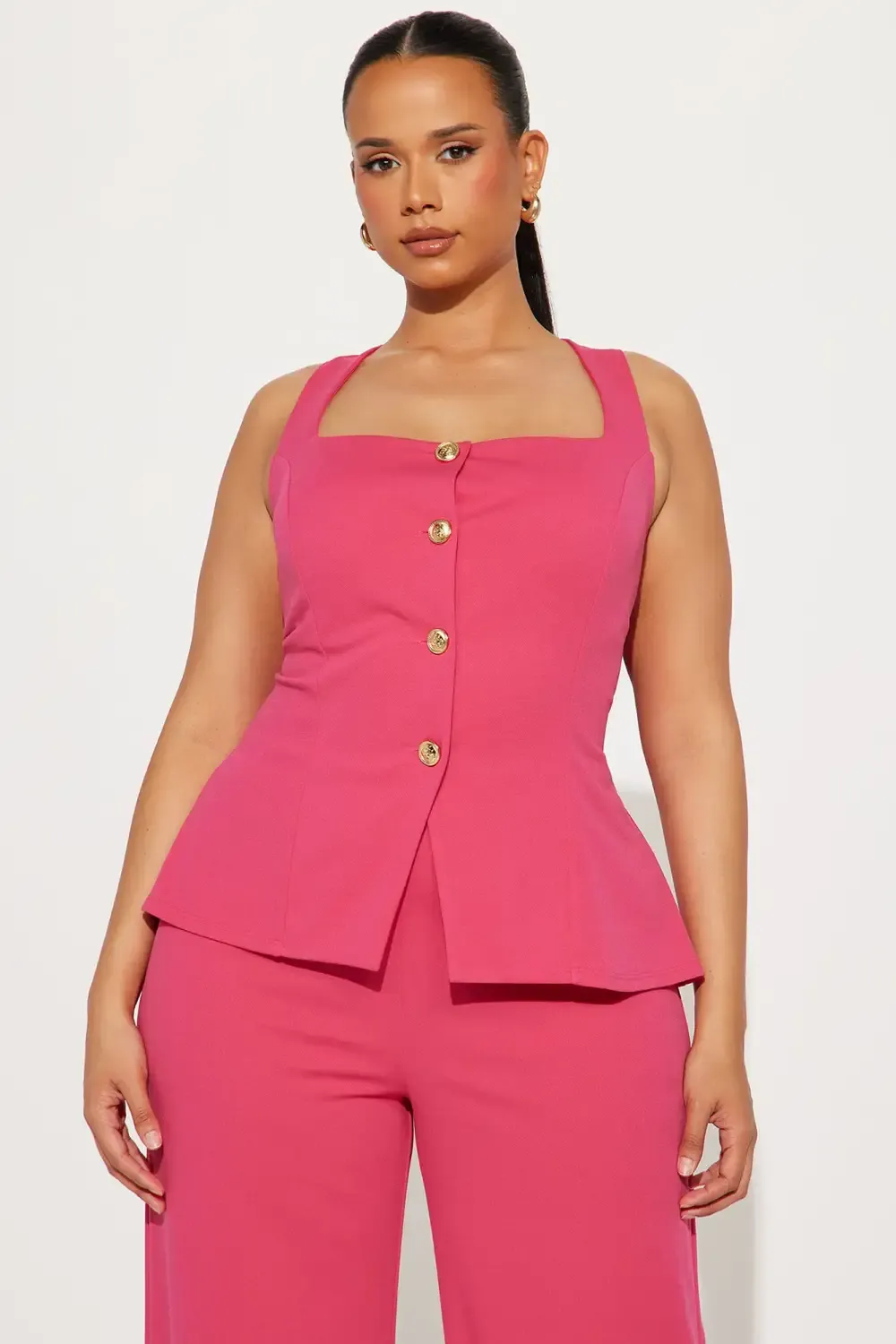 Ready For Business Office Vest Wide Leg Pant Set - Fuchsia