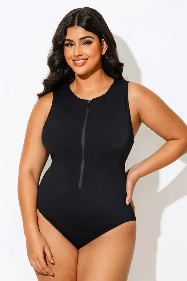 Black Sleeveless Zip Up Sculpting One Piece Swimsuit