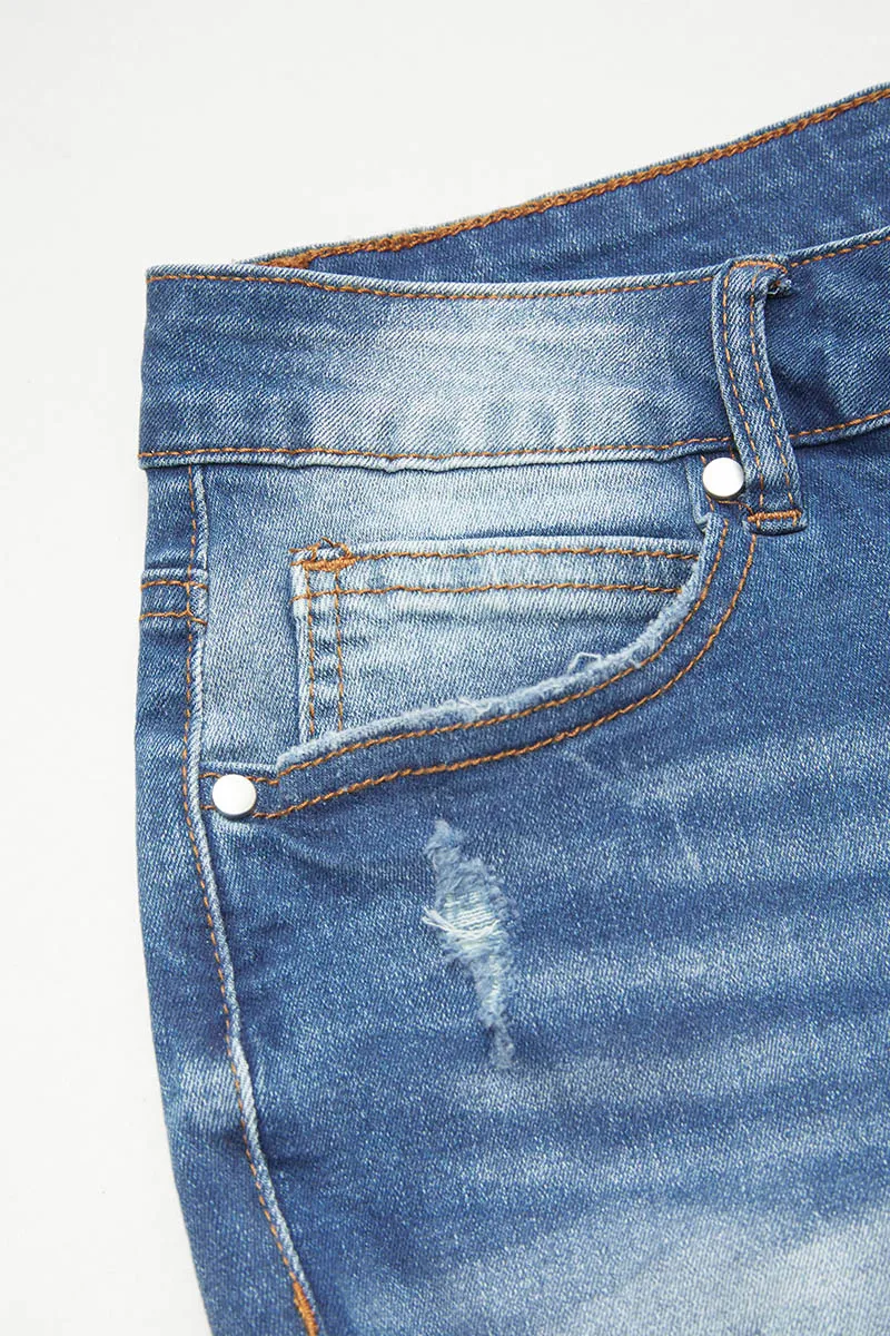 Ripped Raw Hem Button Up Mid Waist Denim Mid Thigh Shorts