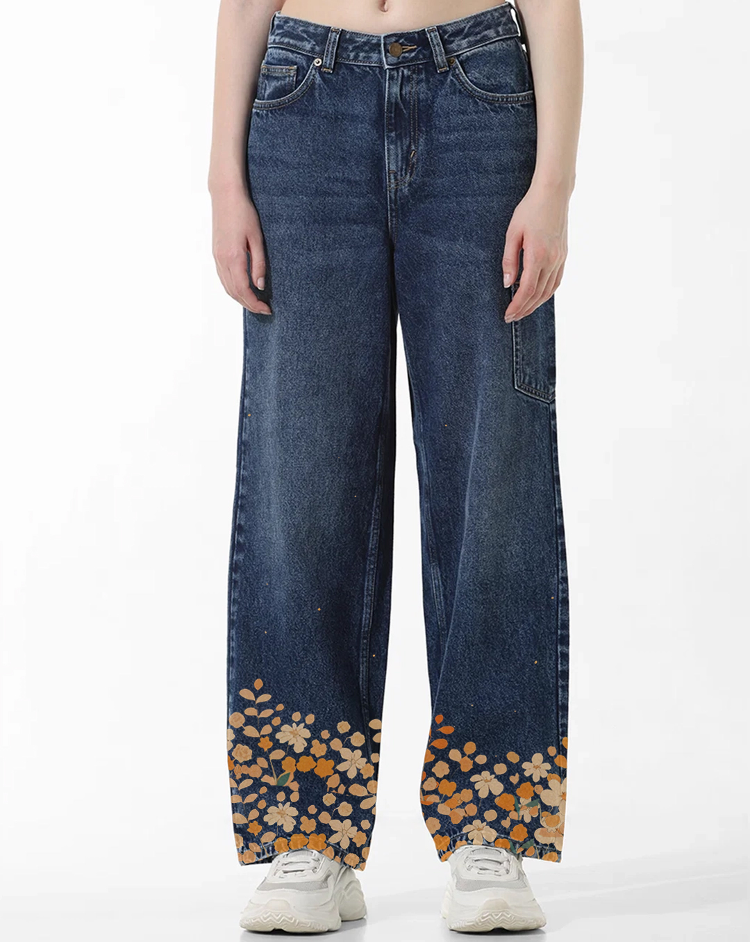 Dark Blue High Rise Carpenter Jeans with Orange Floral Hem
