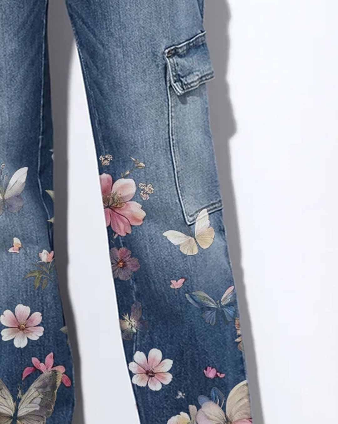 Blue High Rise Cargo Jeans with Floral Embroidery