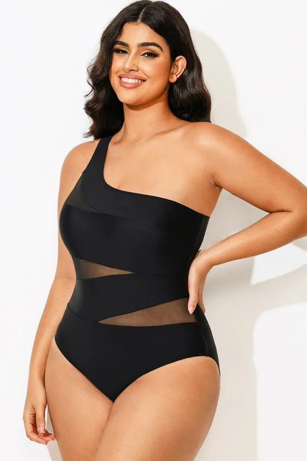 Black Mesh Sexy One Shoulder One Piece Swimsuit