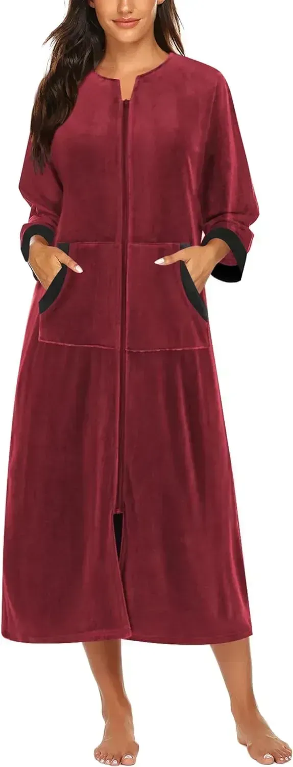 Women Zipper Robe 3/4 Sleeves Loungewear Dress Full Length Sleepwear Pockets Housecoat Nightgown Long Bathrobe