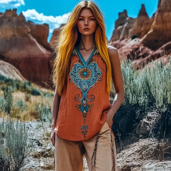 Vintage Tribal Dreamcatcher Embroidered Women's Linen T-shirt