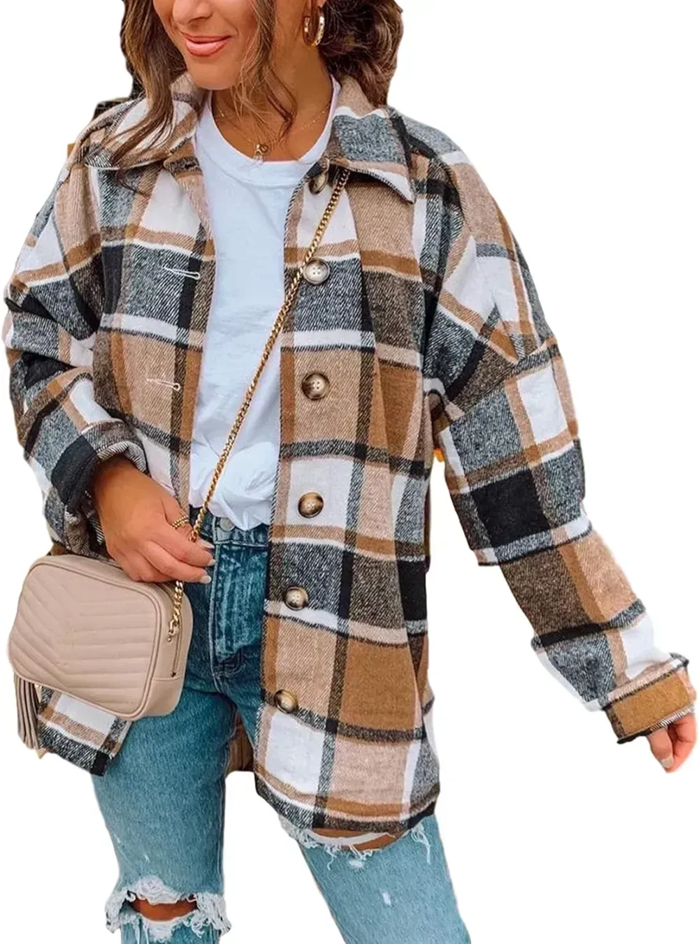 Womens Casual Plaid Shacket Button Down Long Sleeve Shirt