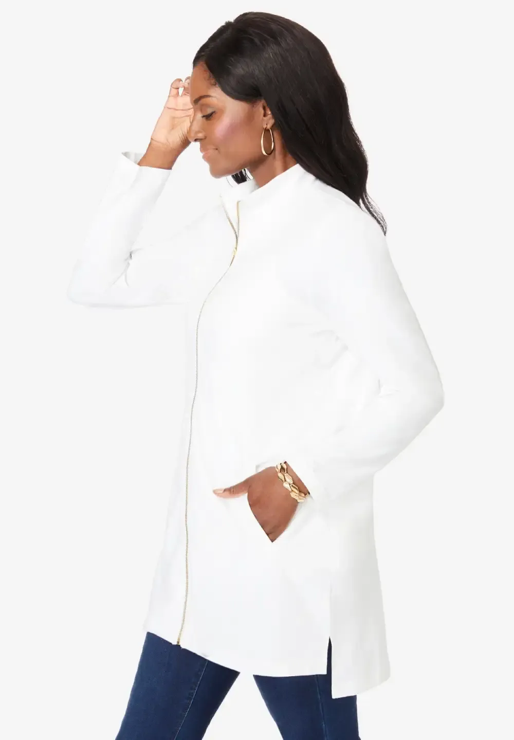 Stretch Cotton Zip Front Hi-Low Jacket