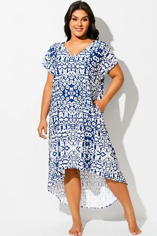 V-Neck High Low Geometric Cover Up