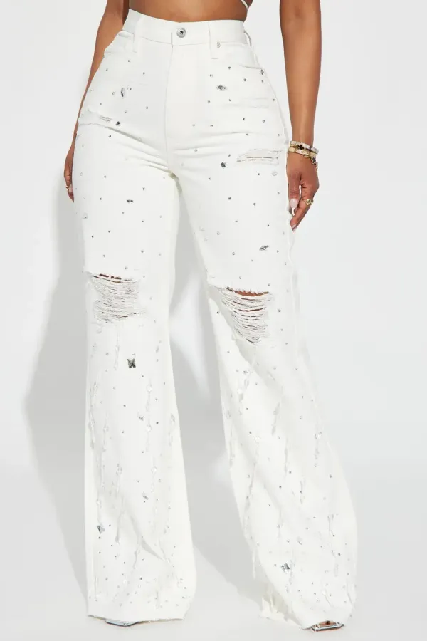 Oh So Icy Embellished Non Stretch Wide Leg Jean - White