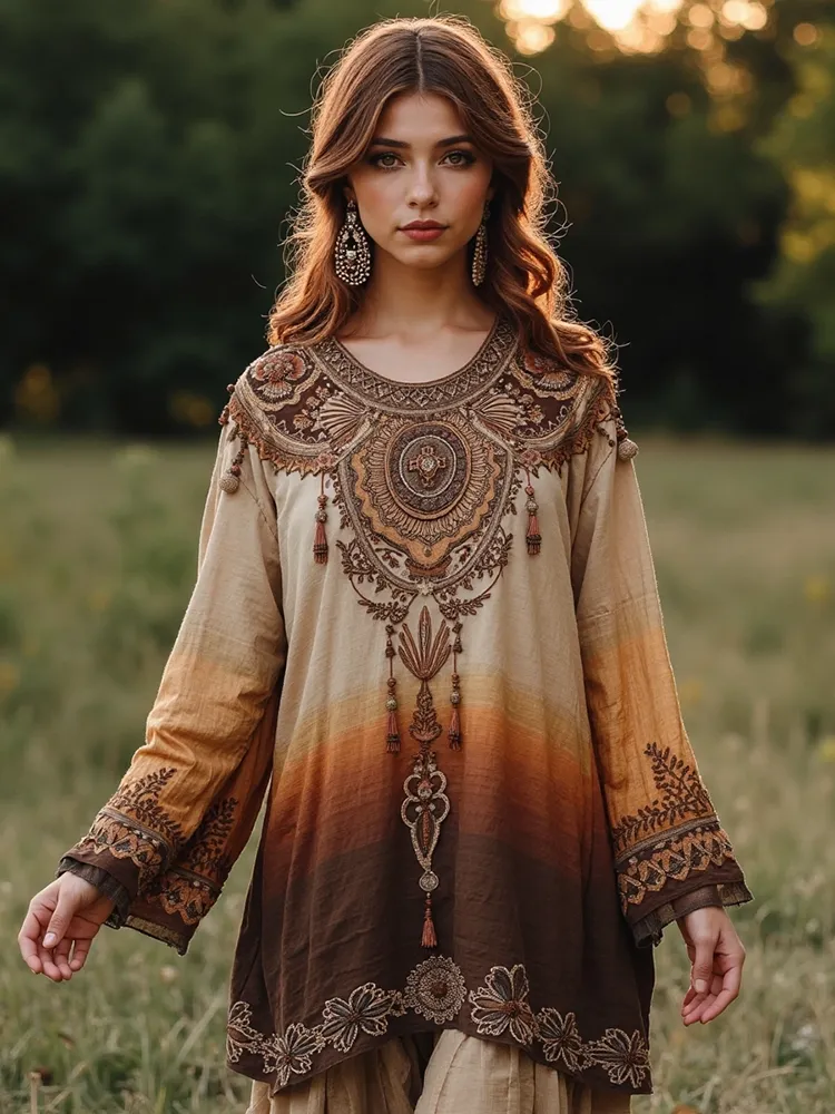 Boho Gradient Tassel Floral Embroidered Linen Round Neck Long Sleeve Blouse