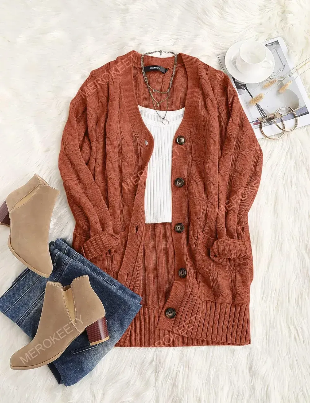 MEROKEETY Women's 2024 Fall Long Sleeve Cable Knit Sweater Open Front Cardigan Button Loose Outerwear