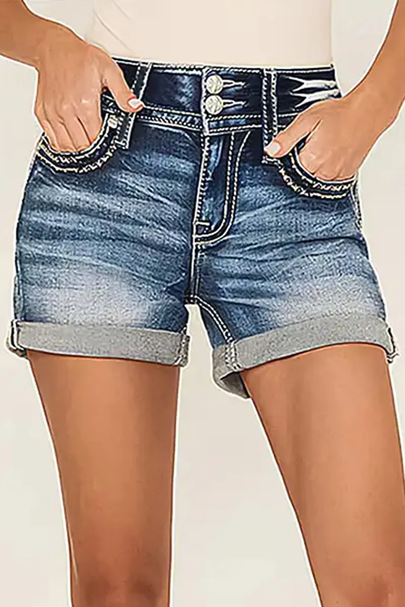 Roll Hem Double Button Mid Rise Denim Shorts