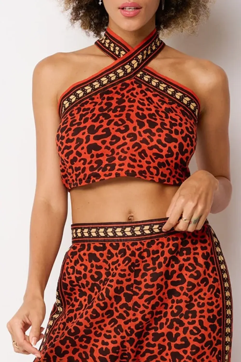 Red And Black Leopard Print Halter Crop Top