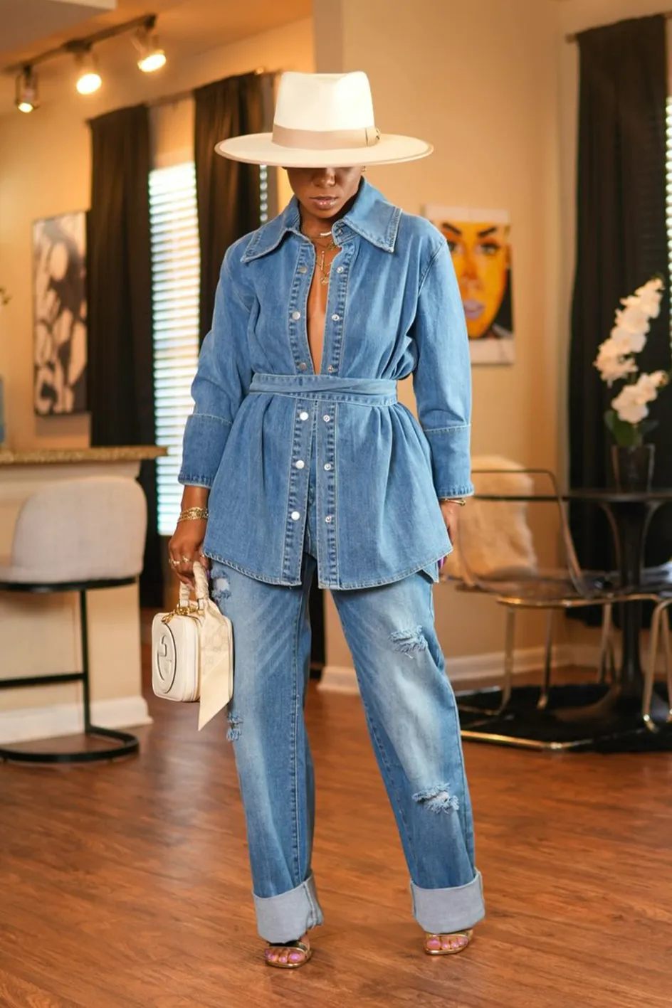 Women'S Fashion Denim Irregular Top And Pants Two-Piece Set