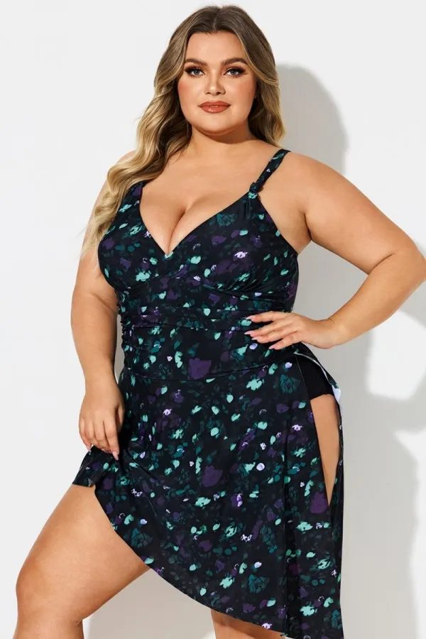 Knotted Front Straps Floral Print V-Neck Asymmetric Swimdress