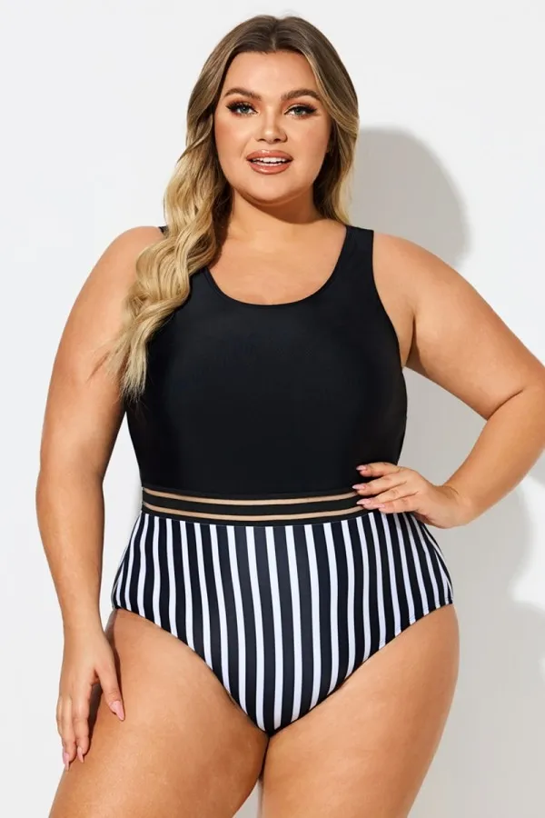 Black & White Round Neck Striped Mesh One Piece Swimsuit