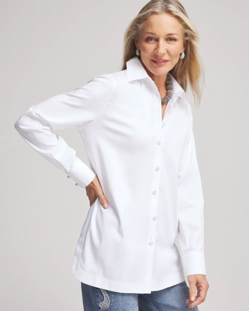 No IronTM Faux Pearl Button Tunic