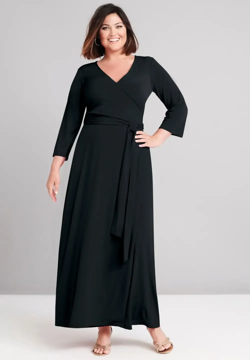 Stretch Knit Faux Wrap Maxi Dress