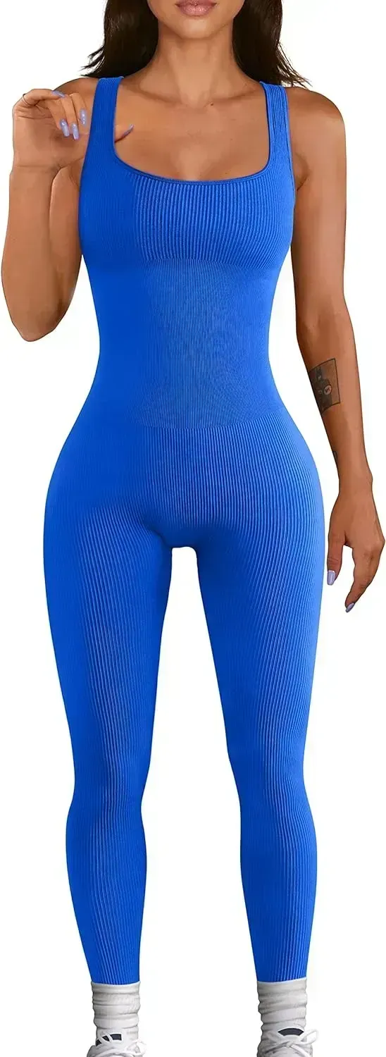Women's Yoga Ribbed One Piece Tank Tops Rompers Sleeveless Exercise Jumpsuits