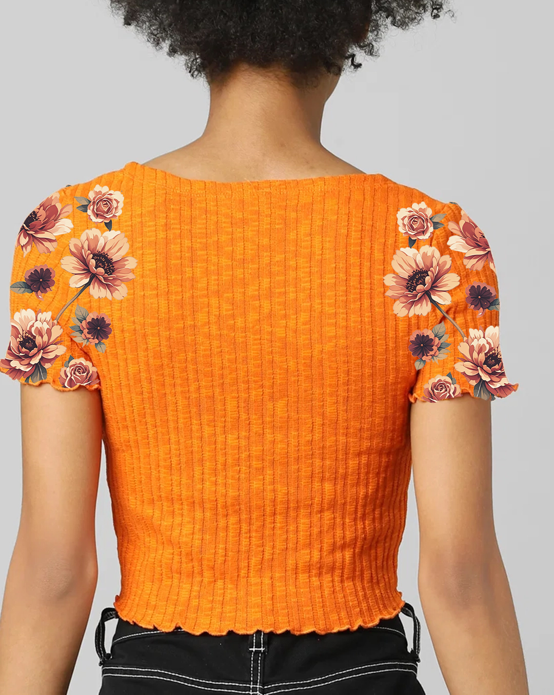 Orange Floral Print Tie Front Short Sleeve Cropped Top