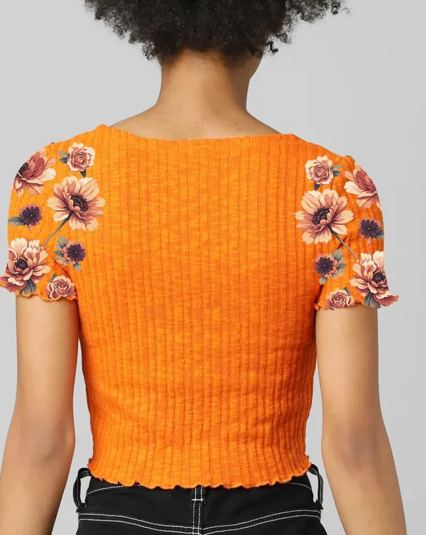 Orange Floral Print Tie Front Short Sleeve Cropped Top