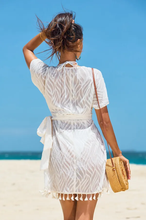 Rippled Waves White Cover-Up Mini Dress