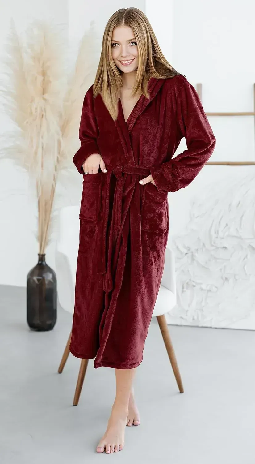 Women Fleece Shawl Collar Bathrobe - Plush Long Robe